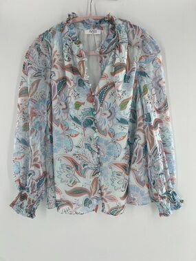 Avara Blue Colorful Button Up High Neck Womens Blouse Feminine romantic Small